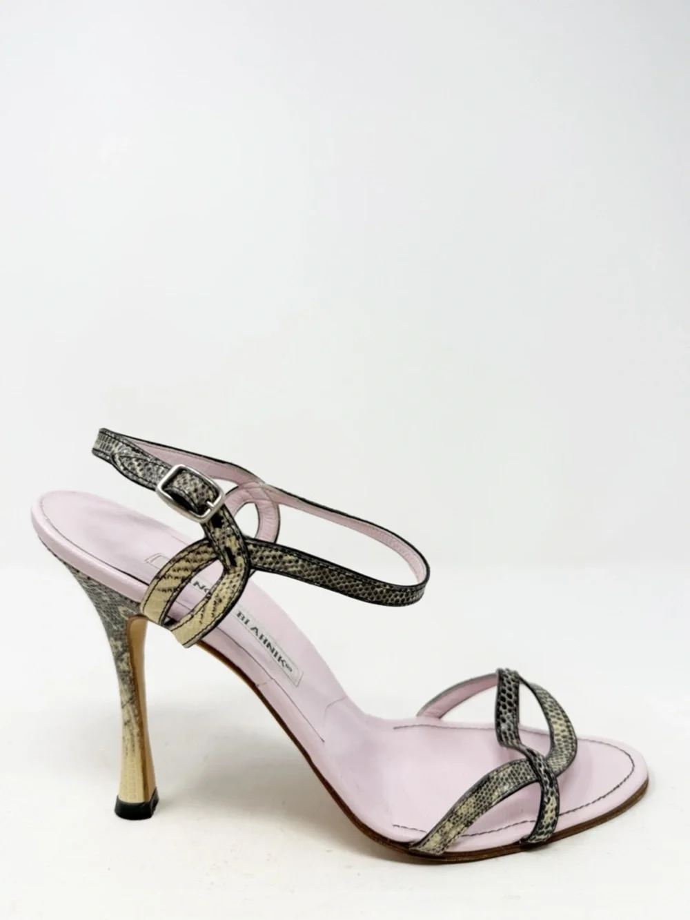 Manolo Blahnik Snakeskin Strappy Sandals Slingback Heels Womens Size EU 38